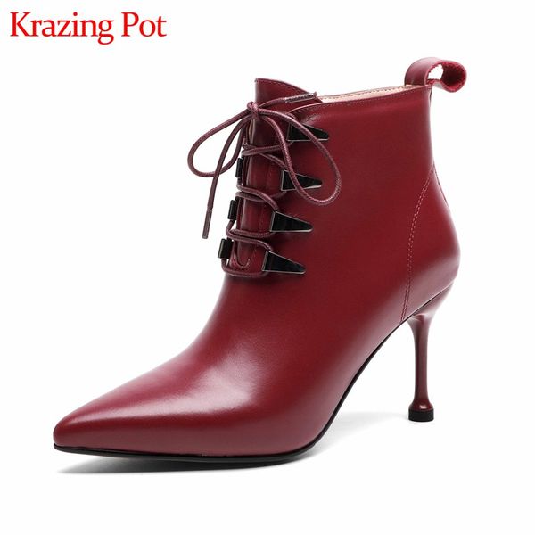 krazing pot metal decorations lace up cow leather boots pointed toe stiletto high heels solid beauty lady zip ankle boots l02, Black